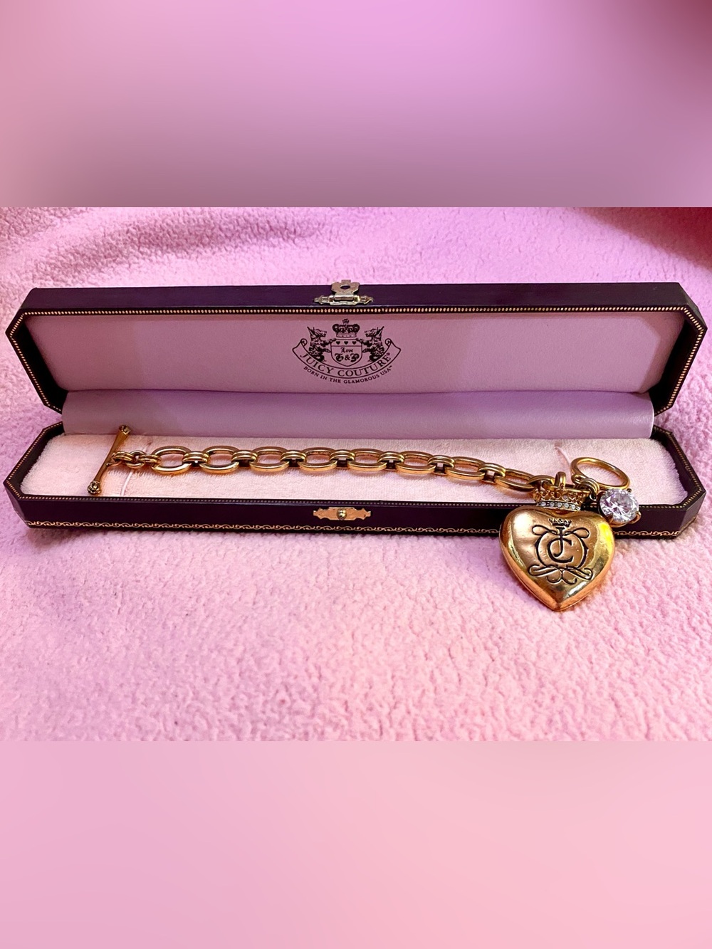 2000s Juicy Couture Gold Heart Toggle Charm Bracelet Crown Pink Queen Y2K Bling